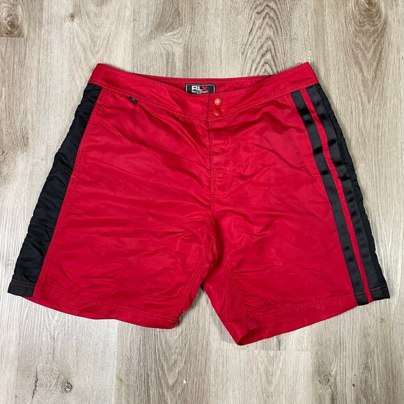 Vintage RLX Polo Sport Men’s 34 Red Nylon Swim‎ Trunks Black Stripe Y2K Shorts - Picture 12 of 14